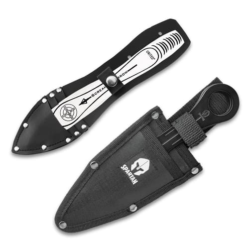Throwing knives in black sheaths on white background