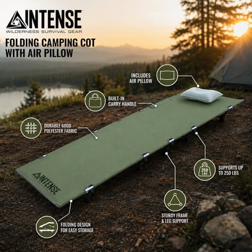 Folding camping cot with air pillow in a scenic setting