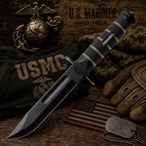 USMC knife with gloves, dog tags, and US flag patch
