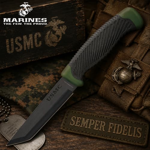 Tanto knife with USMC branding on camouflage