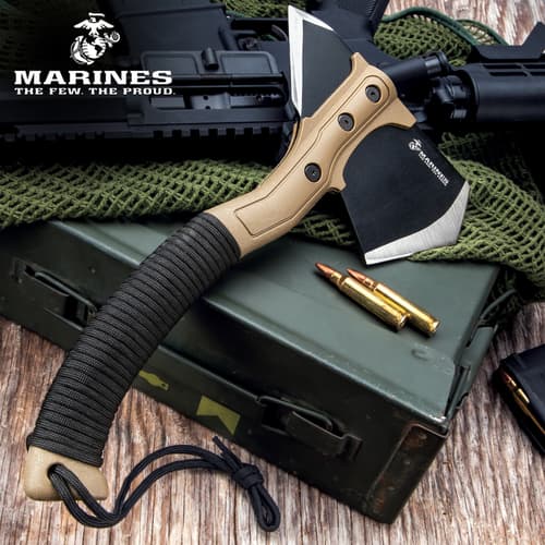 Field axe with paracord handle on military gear