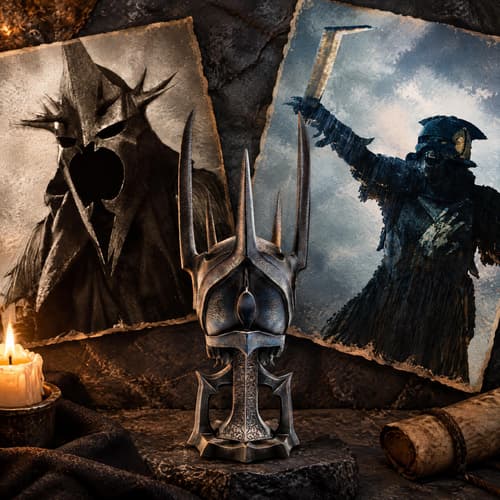 Two medieval helmets on a map with a portrait of an armored figure