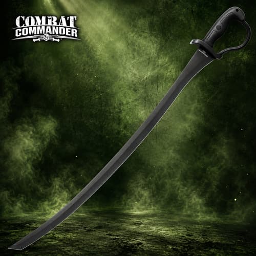 Curved black sword with a guard handle on a smoky green background
