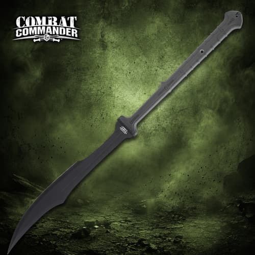 Black sword with angled blade and textured handle on green background