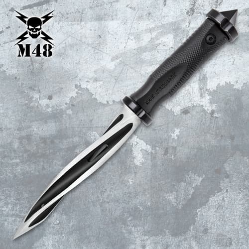 Tactical knife with a spiraling blade and textured black handle