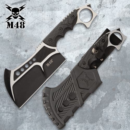 Tactical cleaver with sheath on a textured background