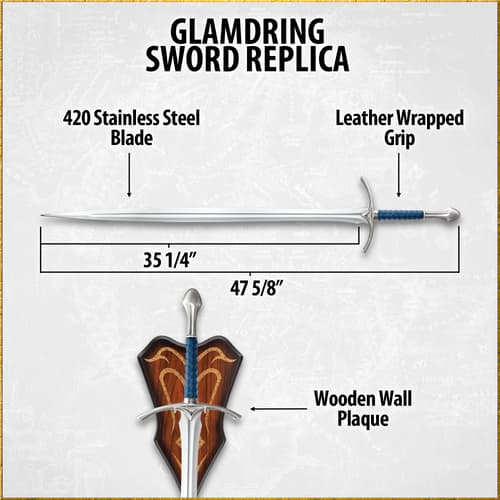 Glamdring sword replica with dimensions and wall plaque
