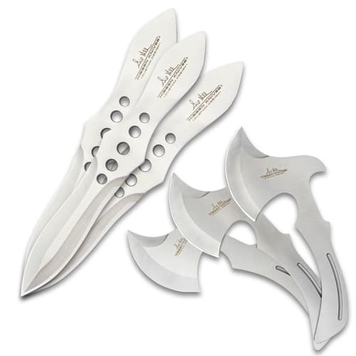 3 mirror polished throwing knives and 3 mirror polished throwing axes on a white background.