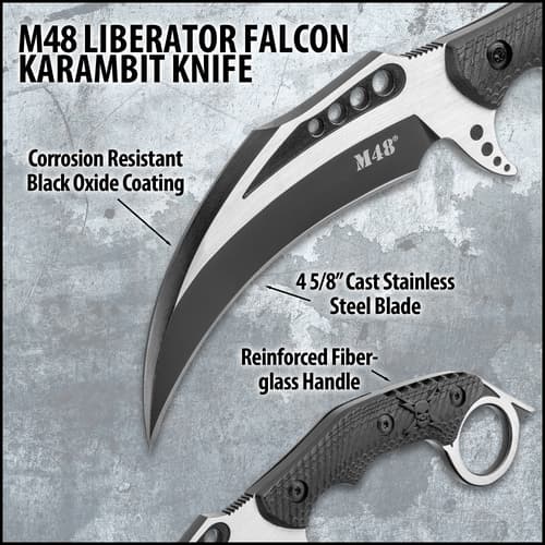 M48 Liberator Falcon Karambit Knife with labels