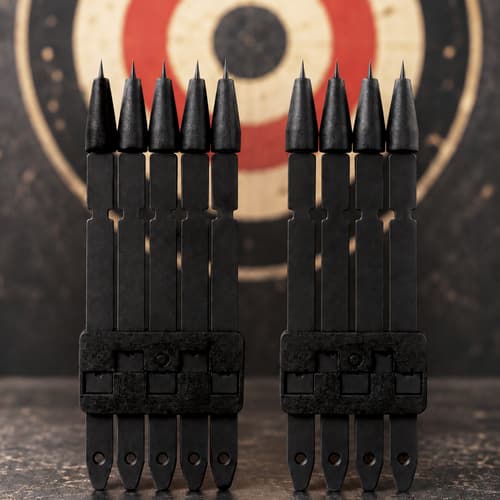 Black On Target darts standing upright in two holders in front of a blurred red, cream and black target