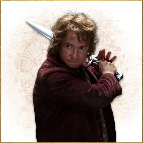 Bilbo holding Sting behind his shoulder against a pale map background; no scabbard visible