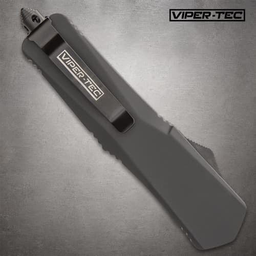 Reverse side of Viper Tec Ghost Series Black Tanto OTF Knife with pocket clip