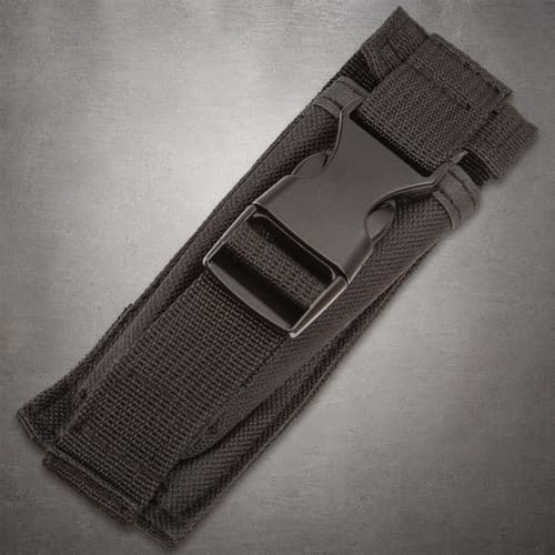Black nylon sheath with buckle for carrying a knife
