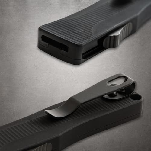 Close-up of knife handle and metal pocket clip