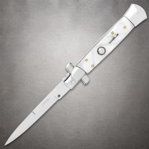 Open white pearl stiletto knife with faux pearl handle