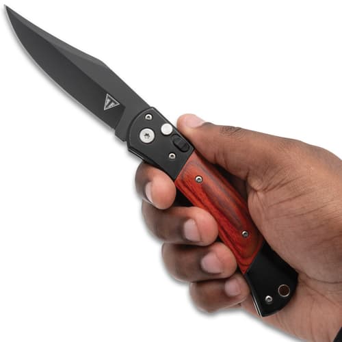 Vanguard Elite Auto Knife Black and wood in hand