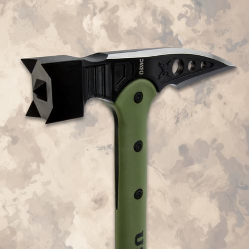 Detailed view of the war hammer's pointed end and handle