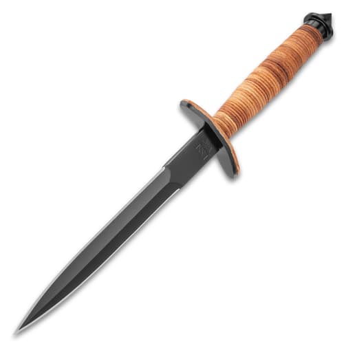 V42 stiletto military dagger with a black satin double-edged blade and leather stacked handle.