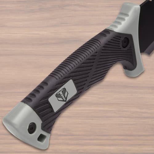 It has a distinctively curved, black 12 1/4" stainless steel blade with wicked sawback serrations along the blade spine