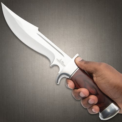 Gil Hibben Legionnaire Bowie Knife II With Leather Belt Sheath - 7Cr17 Stainless Steel Blade, Dark Brown Pakkawood Handle, Stainless Steel Guard And Pommel
