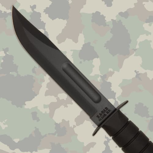Close-up of black KA-BAR knife blade on camo background