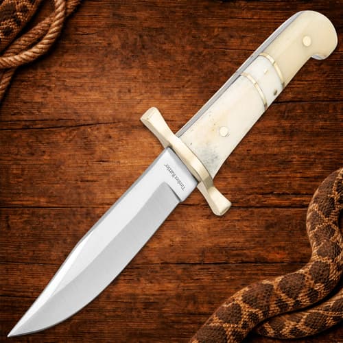Knife with bone handle on wooden background