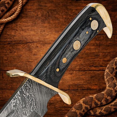 Close-up of knife handle with brass accents on wooden background