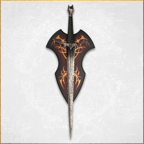 Sword mounted on a decorative shield with patterns