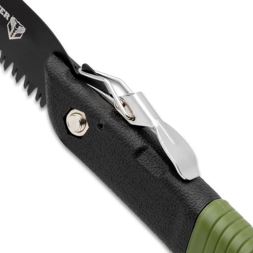 A detailed look at the folding saw's blade lock