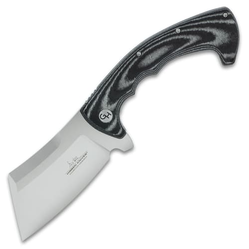 The handle scales are crafted of black Micarta, secured with sturdy screws, and the liners are bead blasted stainless steel