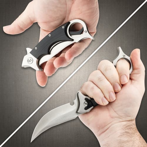 Full image of the Kerambit held in hand opened and closed.