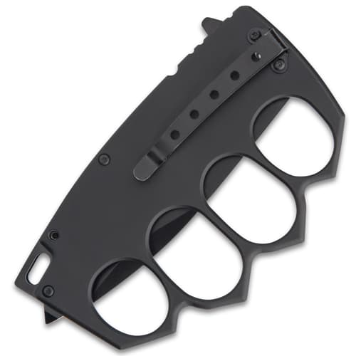 The folding trench knuckle knife has a pocket clip on its handle