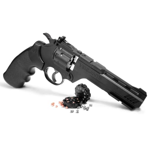 Black air pistol with pellets and magazines on white background