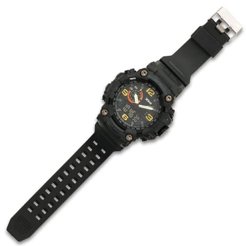 The watch band is a comfortable and flexible polyurethane with a stainless steel buckle and strong stainless steel pins