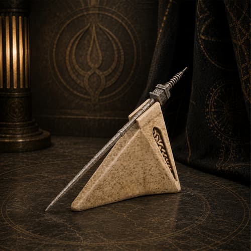 Decorative needle resting on a triangular stand with ornate background