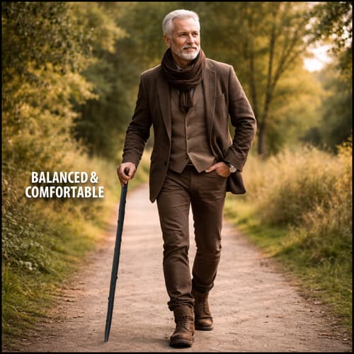 Man walking with a blackthorn stick on a forest path