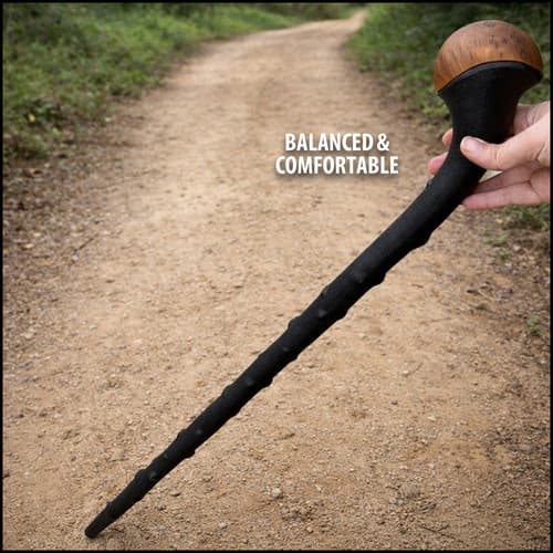 Hand holding a black walking cane with a wooden handle on a dirt path