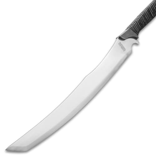 Forged Warrior spear with high carbon steel blade extends from PU wrapped handle standing 42 inches in length