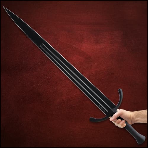 The 40” overall single-hand sword slides smoothly into a premium black leather scabbard with metal accents