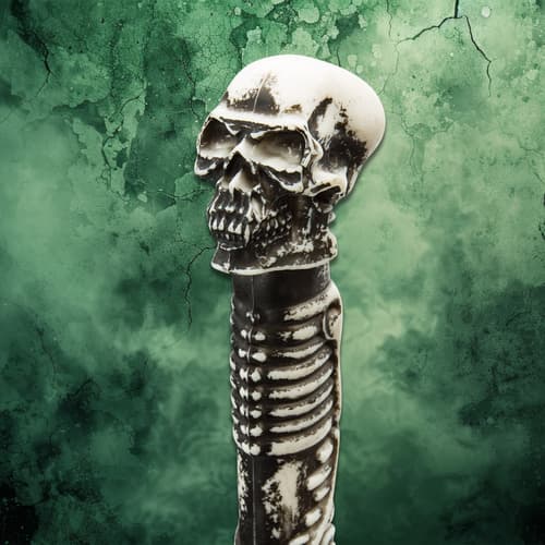 Close-up of katana handle shaped like a skull and spine on green background
