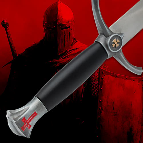 Close-up of dagger handle with red cross on knight background