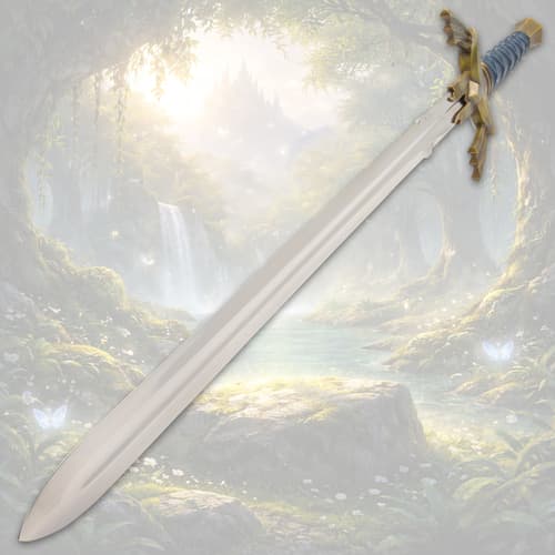 Sword with a gleaming blade in a magical forest setting
