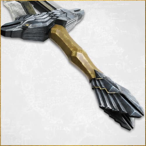 Detailed view of the sword's raven hilt