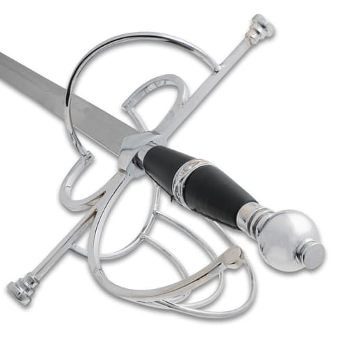 Detailed view of rapier hilt with black grip