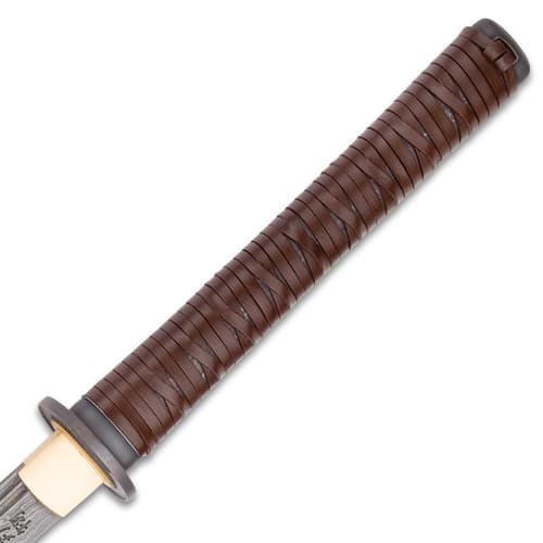 Shikoto Rurousha Handmade Katana / Samurai Sword - Hand Forged Damascus Steel; Engraved Kanji, Twin Fullers, Unique Genuine Leather Wrapping, Cast Tsuba - Functional, Battle Ready, Full Tang Tanto