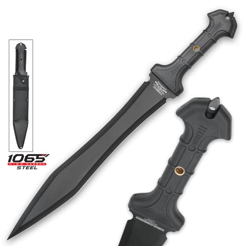 Gladiator sword with sharp 1060 high carbon steel blade enclosed in black nylon sheath with a tpr rubberized handle