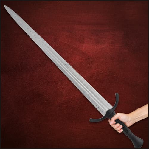 Honshu One Hand Damascus Broadsword in hand