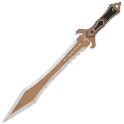 This sword has a 17 3/10” stainless steel blade with an desert tan, matte finish and sinster saw serrations just above the handguard