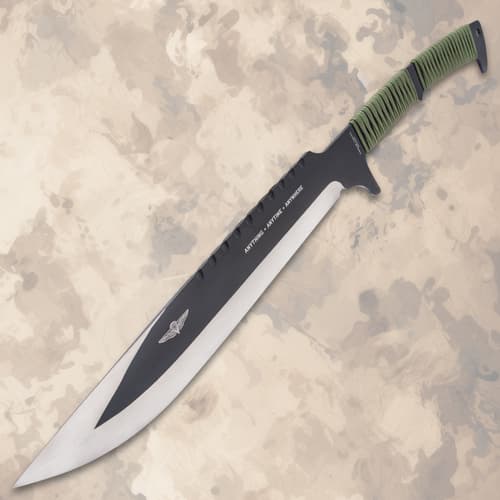 Full view of knife with green handle