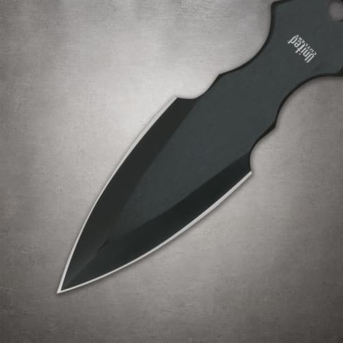 Close-up of the Lightning Bolt throwing knife's black double-edged blade with silver cutting edges and pointed tip